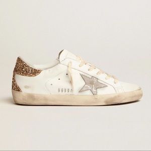 Golden Goose White Sneakers with Gold Glitter Heel and Silver Star